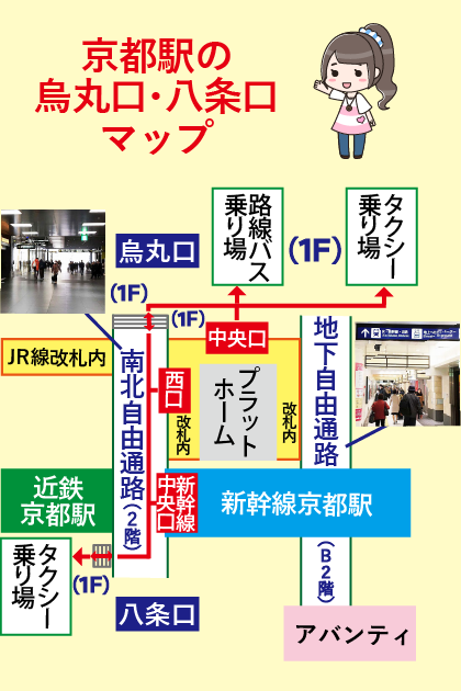 京都駅の烏丸口・八条口マップ