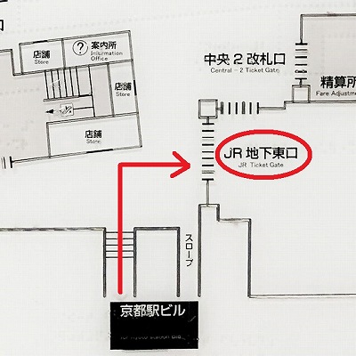 JR在来線京都駅中央口改札から地下東口への行き方（改札外のルート）