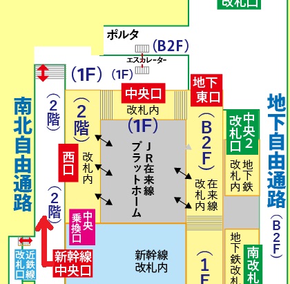 新幹線京都駅「中央口」改札から京都ポルタ「西・東エリア」への行き方