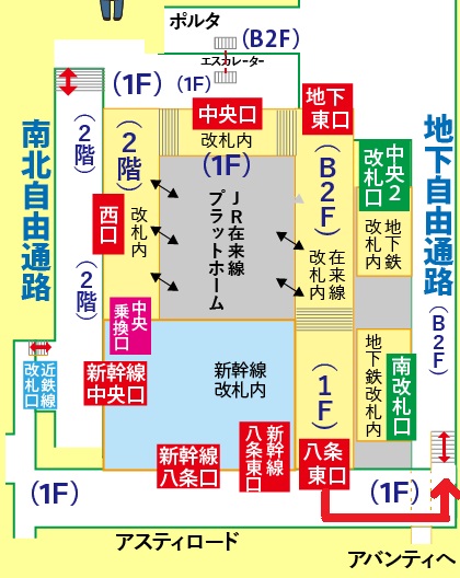 新幹線京都駅「八条東口」改札から京都ポルタ「南エリア」への行き方