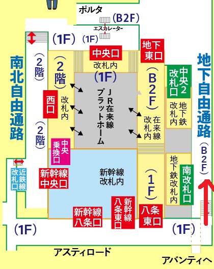 新幹線京都駅「八条東口」改札から京都ポルタ「南エリア」への行き方