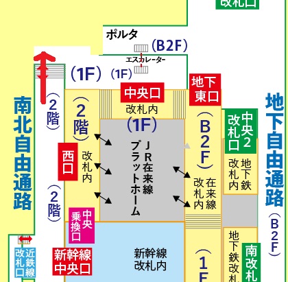 新幹線京都駅「中央口」改札から京都ポルタ「西・東エリア」への行き方