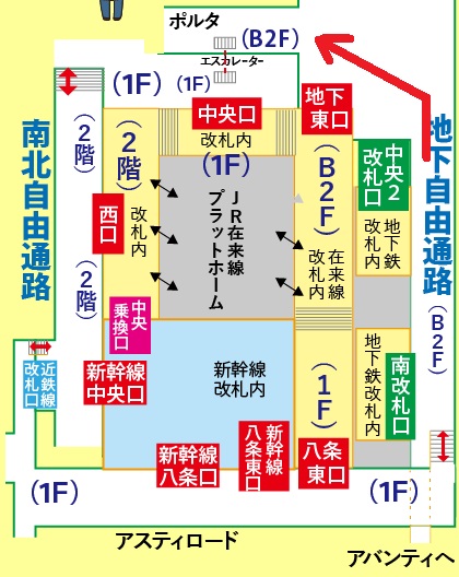 新幹線京都駅「八条東口」改札から京都ポルタ「南エリア」への行き方