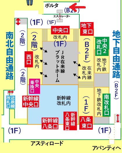 新幹線京都駅「八条東口」改札から京都ポルタ「南エリア」への行き方